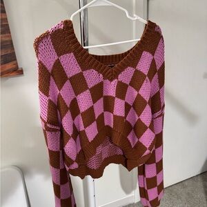 Blue Blush V-Neck Pink and Brown Sweater